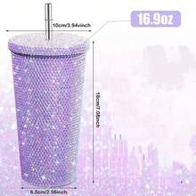 1pc Rhinestone Stainless Steel Insulated Water Bottle - Leak-Proof Portable Travel Cup With Lid, Flat Bottom Straw Cup, Suitable For Outdoor Sports, Fitness, Home, Kitchen, Office, Back To School Students, Christmas Gift For Mom, Girlfriend, Family - Multicolor - View 2