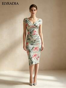 ELYRADIA Summer Dress For Elegant Ladies With Sexy Style, Sleeveless Deep V-Neck Floral Print Pattern, Fitted And Pleated Wedding Guest Luxurious Evening Dress - Baby Blue - View 9