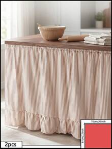 1pc Olive Green & White Fine Striped Table Skirt, Natural Fresh Style Fabric Material, Rectangular Bottom With Ruffle Edge And Pleated Details, Storage Concealment And Decorative Beautification Function, Suitable For Shelf Cover And Pastoral Home Decor - Apricot - View 11