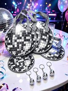 Disco Ball Design Tote Storage Bag, Retro 70s Theme Party Handbag, Silver Mirror Ball Pattern Round Handle Portable Bag, Reusable Portable Storage Bag, Suitable For Nightclub, Birthday, Bachelorette Party Decoration - Multicolor - View 4