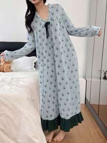 Fresh Floral V-Neck Frill Trim Long Sleeve Nightgown For Women, Contrast Bow Loose Mid-Length Loungewear - Green - View 3