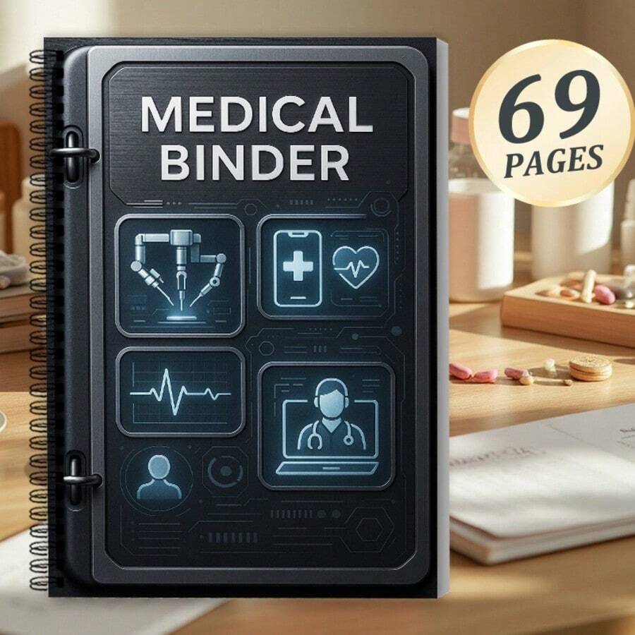 Tech-Style Medical Record Coil Loose-Leaf Notebook, Health Data Management Storage Notepad, Medical Condition & Visit Information Organizer Manual, Family Health Record Registration Book, Personal Health Status Tracking Notebook, Practical Stationery - Style 1 - View 1