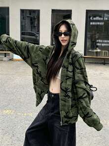 Jaket Hoodie Berresleting Motif Kamuflase Retro Amerika, Jaket Kasual Serbaguna Longgar dan Ramping (Motif Kamuflase Acak) - Hijau - View 2