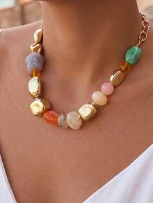 (Bead Color May Vary, Quantity Random) 1pc Simple Fashion Exaggerated Asymmetrical Beaded Necklace For Women, Sisters, Summer Vacation, Date, Gift, Daily Casual, Party, Wedding - Multicolor - View 1