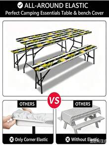3 PiecesPicnic Tablecloth Set With Bench Cover, Elastic Edge Design, Line And Floral Pattern, Fresh Style, Washable Rectangular Tablecloth, Suitable For Wedding, Camping, Picnic, Garden Party And More, Practical Essential - B - View 8