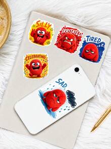 50Pcs What Mood Monster Today PP Stickers, Plush‑Textured Red Little Monster Illustrations With Various Mood English Words, For Journal Collage, Notebook, Storage Box, Luggage, Skateboard, Helmet, Computer DIY Decor - Multicolor - View 6