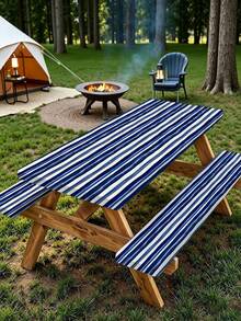 3 Pieces Picnic Tablecloth Set With Bench Cover, Elastic Edge Design, Striped Pattern, Washable Rectangular Tablecloth, Suitable For Weddings, Camping, Picnics, Garden Parties And More, Practical Essential - E - View 1