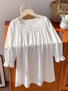 Spring/Autumn Girls' White Long Sleeve Lace Vintage Style Nightgown, Skin-Friendly Breathable Princess Style Home Casual Dress - White - View 1