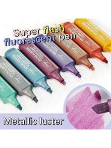 8 Colors Glitter Shimmer Highlighters, Chisel Tip Glitter Highlighter Pens For Journaling, Notes Marking, School Office Supplies, Planner Decorating - Multicolor - View 2