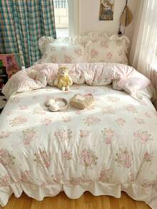 Pink Ruffle French Country Style 4-Piece Bedding Set, Romantic French Country Bedding Set, Breathable Soft All-Season Bedding Set Including 1 Duvet Cover, 1 Bed Sheet, And Pillowcases, No Filling, Suitable For Bedroom, Dorm, Home Use, Multiple Size Options, Back To School Dorm Decor, College Decor - Pink - View 6
