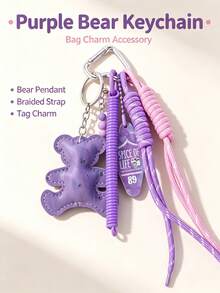 Y2K PU Bear Keychain, Vintage Style Bag Charm, Women's Car Keychain, Maximalist Packaging Decoration. Woven Tassel Bag Charm, Acrylic Tag Accessory, Vintage Sweet & Cool Bag Decoration, Gift For Women, Birthday, Holiday Gift. - Multicolor - View 5