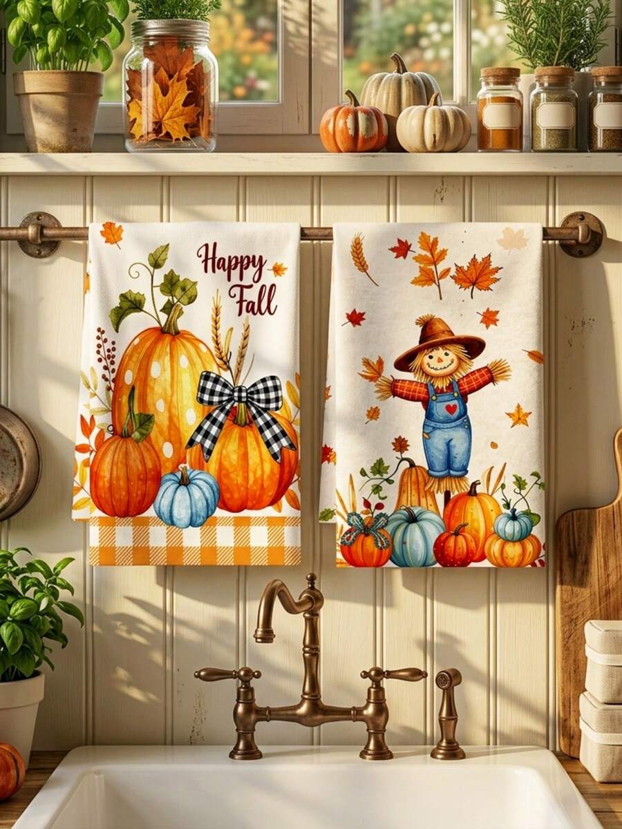 2/4/48pcs Kitchen Dish Cloths, Autumn Theme Dish Towels, Pumpkin & Maple Leaf Decor, Happy Fall Holiday Atmosphere Kitchen Cleaning Cloths, Absorbent Table & Dish Wiping Cloths, Multi-Purpose, High Absorbency Kitchen Towels