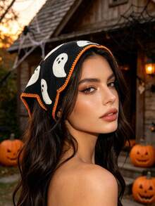 1pc Handmade Crochet Halloween Theme Headscarf, Fun Ghost & Eye Pattern, Tie-Up Triangle Hair Bandana, Party/Daily Versatile Hair Accessory - A - View 4