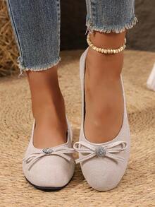 Women's Flat Slip-On Shoes With Rhinestone Square Buckle, Soft Sole, Anti-Slip, Round Toe, Versatile For All Seasons - Beige - View 2