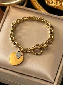 1入組不銹鋼心形手鍊，時尚百搭，簡約，高端，輕奢，獨特設計，Ins 風格，韓版，溫柔，甜美，鑲有水鑽，送給女士朋友首選禮物，學生，日常佩戴 - 金黃色 - 查看 1