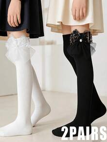 2 Pairs Black And White Lace Over-The-Knee Socks, Comfortable Non-Tight High Tube Socks, Essential For Students, Versatile All-Match Style - Black and White - View 12