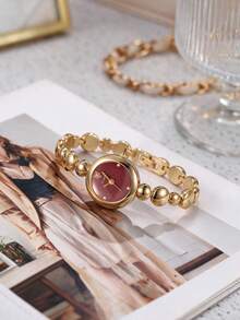 LIANDU Elegant Round Quartz Women's Wristwatch, Gold-Tone Burgundy Dial With Beaded Metal Strap, Luxurious Exquisite Women's Jewelry Watch, Suitable For Wearing On Various Occasions Such As Holidays, Thanksgiving, Christmas, Back To School, Parties, Weddings, Halloween, Easter, And More, Perfect Gift For Women - Gold - View 5