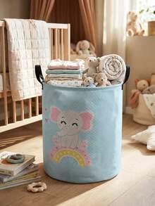 1pc Cute Elephant Pattern Foldable Large Capacity Round Storage Basket With Handle, Versatile Storage Bin For Nursery, Baby Supplies Organizer, Diaper Storage, Clothing Storage, Multi-Purpose Storage Box - Multicolor - View 30