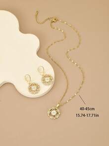 1pc Fashion Sparkling Rhinestone Flower Round Stainless Steel Women's Necklace, 1 Pair Fashion Sparkling Rhinestone Flower Round Stainless Steel Women's Earrings, Gold Necklace, Gold Earrings, Stainless Steel Jewelry, Gold Jewelry, Summer, Beach, Vacation Jewelry, Charm, Pride, Western Jewelry, Gift For Women, Gift, Birthday Gift - Yellow Gold - View 6