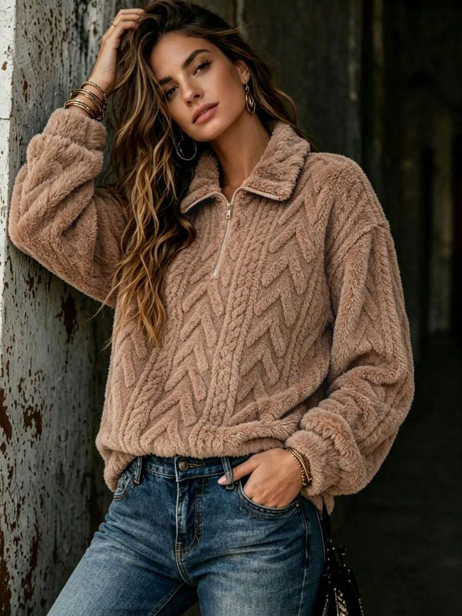 Women's Casual Fleece Half-Zip Pullover, Embossed Embossed Pattern Collar Long Sleeve Warm Jacket, Suitable For Autumn Wear - Khaki - View 1
