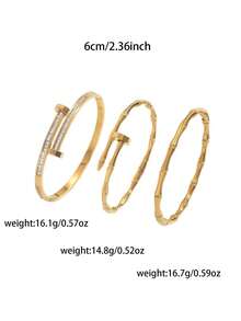 1/3pcs Popular Chinese Style Bamboo Knot Bracelet, Exquisite 3D Bamboo Knot Texture Craftsmanship, Paired With Shiny Double-Row Zirconia Stud Bracelet Two Styles, Warm Gold Tone Flattering To Skin Tone, 304 Stainless Steel For Sensitive Skin, Long-Term Wear Without Rusting Or Peeling. Gentle Style, Cool Style, Commuter Style One-Click Adaptation, Influencer Style Popular Bracelet, High Cost-Performance Perfect For Gifting. - Double Nail Bracelet - View 5