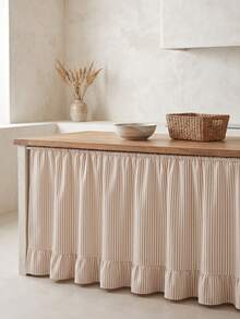 1pc Olive Green & White Fine Striped Table Skirt, Natural Fresh Style Fabric Material, Rectangular Bottom With Ruffle Edge And Pleated Details, Storage Concealment And Decorative Beautification Function, Suitable For Shelf Cover And Pastoral Home Decor - Apricot - View 3