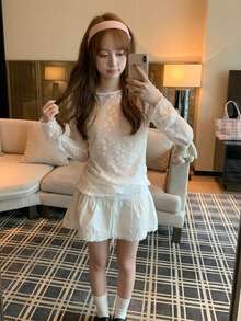 Star Design Long Sleeve Lace Top Women, Layering T-Shirt (Random Star Pattern) Spring Casual White - White - View 2