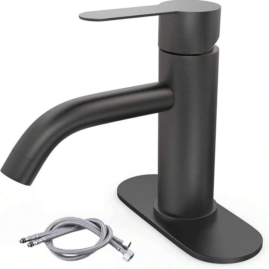 Mcmxtap Mezcladora para Lavabo de Baño - Grifo de baño de un solo Mango, para Baño Grifo para con cubierta, Llave Mezcladora para Lavabo con 2 Mangueras. (Negro mate) - Negro - Ver 1