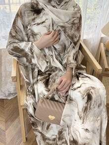 Ink Painting Long Robe Jacket With Headscarf, Minimalist Vacation Style (Includes Headscarf) - Brown - View 1