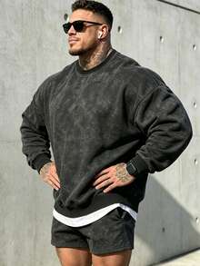 Men's Solid Color Drop Shoulder Long Sleeve Drawstring Pocket Casual Sweatshirt, Autumn/Winter, Back To School Season - Black - View 6