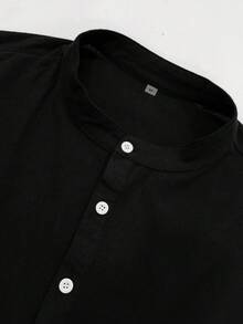 WAIT HIM 100% Cotton Men's Casual Solid Color Henley Collar Long Sleeve Shirt - Black - View 6
