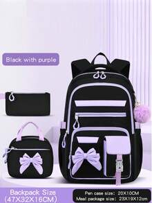 3pcs Contrast Bow Backpack Set With Pom Pom Charm, Multi-Pocket Large Capacity, Suitable For School, Travel And Daily Use - Multicolor - View 4