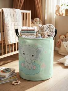 1pc Cute Elephant Pattern Foldable Large Capacity Round Storage Basket With Handle, Versatile Storage Bin For Nursery, Baby Supplies Organizer, Diaper Storage, Clothing Storage, Multi-Purpose Storage Box - Multicolor - View 35