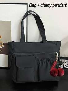 Women's Fashion Versatile Solid Color Nylon Tote Bag, Large Capacity Multi-Pocket Handbag, Suitable For School, Commuting And Daily Use - Black - View 16