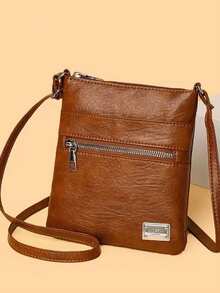 Women's Vertical Multi-Pocket Crossbody Bag, Vintage Small Square Bag, Solid Color Textured Shoulder Bag, Light Luxury French Style Minimalist Crossbody Bag - Brown - View 2