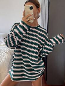Atasan Wanita Retro Garis-garis Hijau & Putih Longgar Lengan Panjang Leher Bulat Bahu Jatuh - Putih - View 2