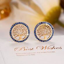 1 Pair Round Tree Of Life Hollow Stud Earrings With Rose Red Rhinestone Circle Surround, Exquisite Niche Elegant Gift Decorative Earrings For Women - Earrings - View 17