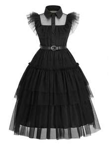 Tween Girl Black High Neck Mesh Patchwork Formal Dress, Suitable For Flower Girl Wedding, Birthday Party Princess Dress, Elegant Dress For Girls - Black - View 4
