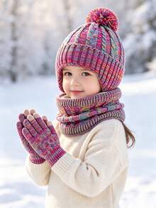 1 Set Of 5-Color Two-Tone Knit Set: Winter 2-6 Years Old Children's Double-Yarn Warm Knit Hat With Thick Fleece Lining, Suitable For Cold Winter - Multicolor - View 5