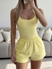 Unadoll Women's Summer/Autumn Basic 2 Pieces Set, Spaghetti Strap Tank Top And Drawstring Shorts, Elegant - Yellow - View 3