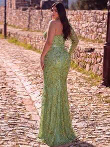 Plus Size Women's Party Long Sequin Mermaid Dress, Asymmetrical Neckline, Long Sleeve, Thigh Slit, Suitable For Elegant Evening Events - Green - View 2