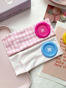 1pc Y2K Colorful Large Button Fabric Headband, Pink Plaid Bow Heart Print Wide Elastic Headscarf, Versatile Niche Hair Accessory For Girls - Multicolor - View 6