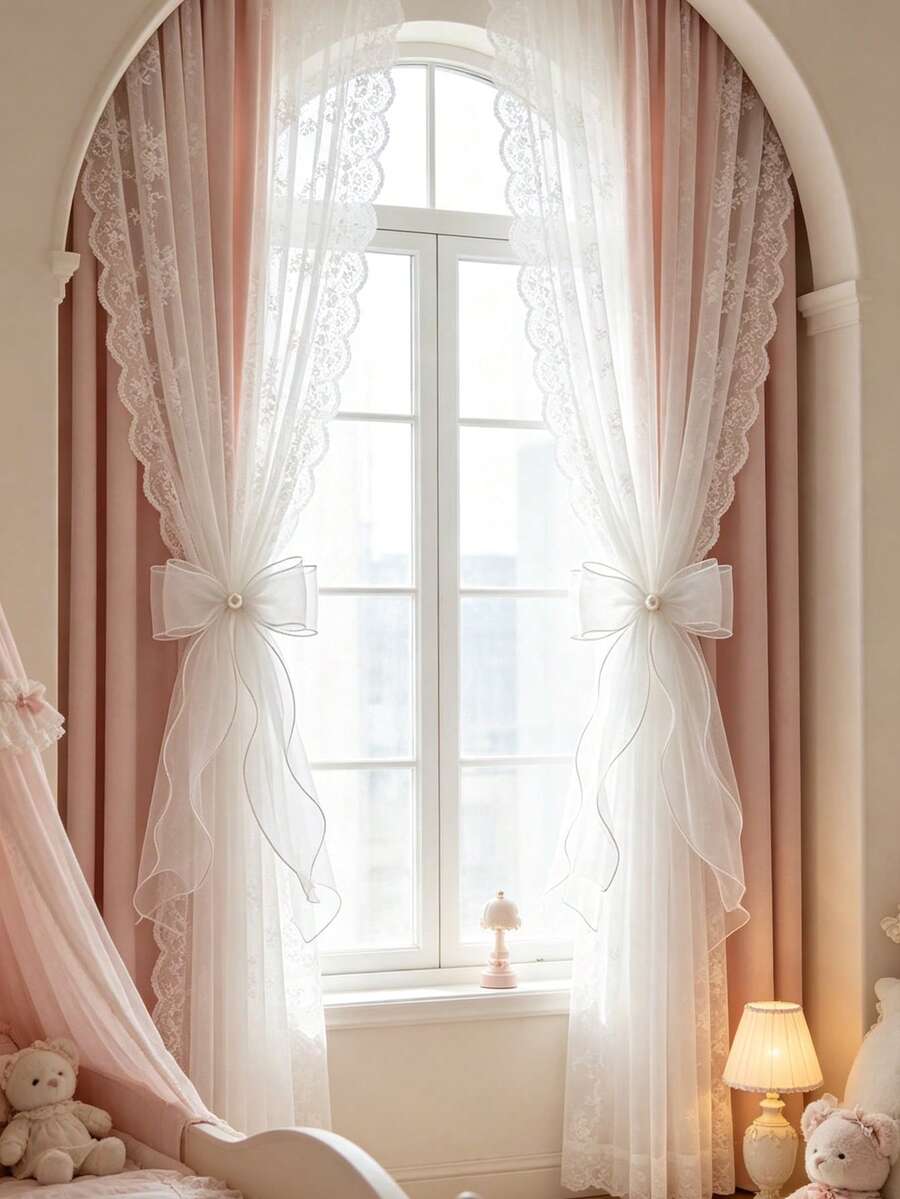 1pc/2pcs White Satin Bow Curtain Tiebacks, Pearl Embellished Tie-Up Curtain Holdbacks, Suitable For Children's Room And Nursery - Multicolor - View 1