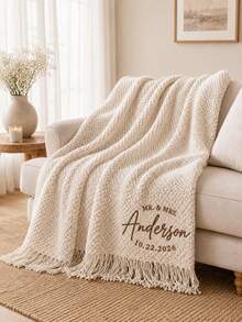 1PC Customizable Embroidered Tassel Knit Throw, Custom Text & Important Date Embroidery Available In 6 Colors,For Relaxing Home Rest & Household Space Layout, Great For Family Members, Meaningful Holiday Celebration Gift Selection - Multicolor - View 3