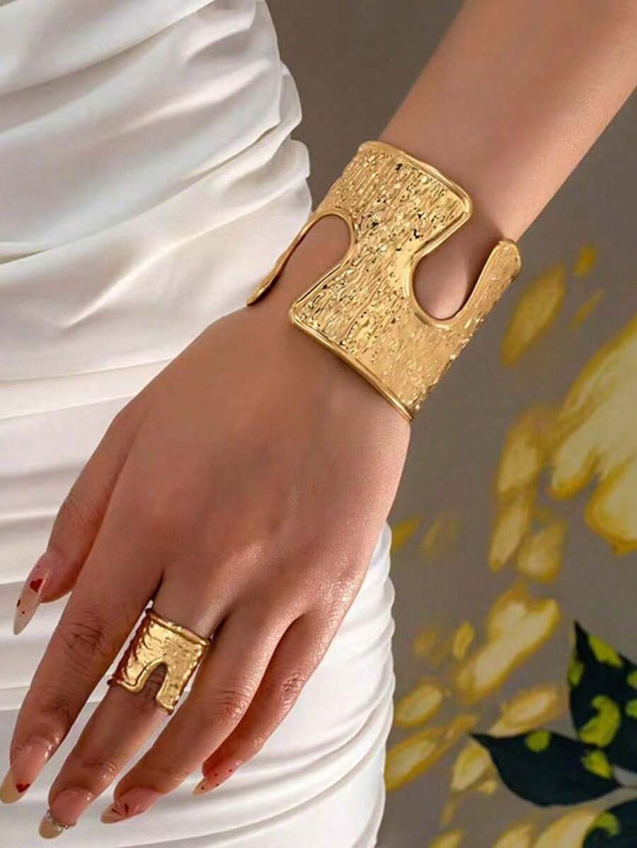 1 Set/2pcs Exaggerated Elegant Fashion Creative Geometric Open Adjustable Bracelet + Ring Luxury Jewelry Set - Geometric Set - View 1