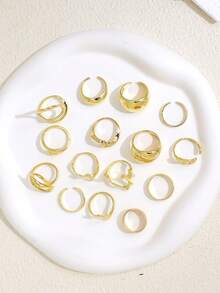 15pcs/Set Exaggerated Metal Asymmetrical Line Water Drop Smooth Rings, Unisex, Punk Retro Bohemian Style Fashion Jewelry Gift - Yellow Gold - View 4