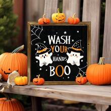 Charming "Wash Your Hands" Theme Halloween Wooden Sign | Rustic Style 20.32x20.32 Cm Framed Decor, Featuring Cartoon Ghosts And Pumpkins | Durable, Fade-Resistant, Suitable For Home, Bathroom, Living Room | Ideal Autumn Gift And Halloween Decoration - Multicolor - View 7