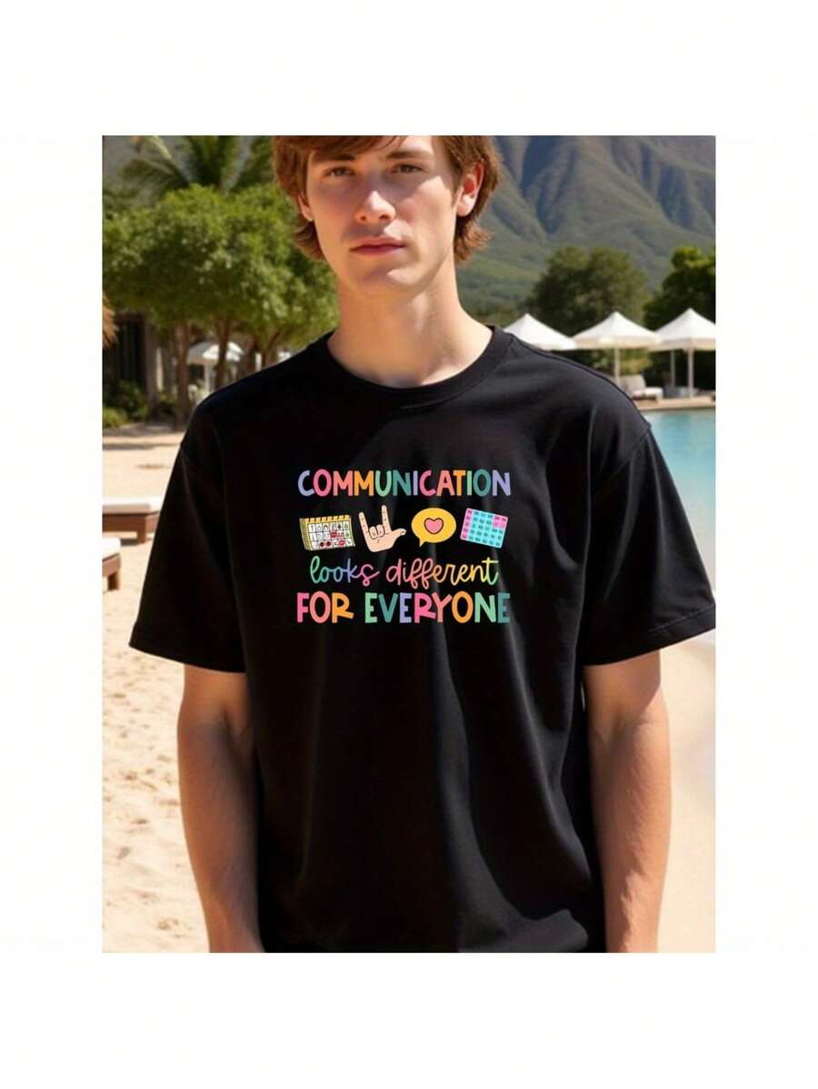 MeN Colorful Communication T-Shirt Tee ToP Casual &Amp; Seasonal Wear - 黑色 - 查看 1