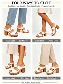 Women's High Heel Sandals Solid Color Hook & Loop Closure Plus Size Wide Fit Lightweight Comfortable Chunky Heel Casual Commute Slip-On Sandals Slides Minimalist Summer Beach Style Slip-On Slides - White - View 3