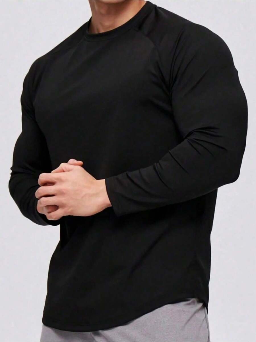 Men's Running Sports Raglan Oval Cut Long Sleeve Cotton Combed T-Shirt - Black - View 1